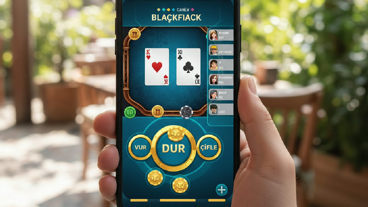 Mobil cihazından Hitpot canlı blackjack oynayan oyuncu strateji belirliyor.